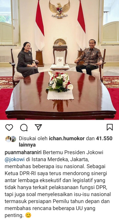 Ketua DPR RI Puan Maharani (kiri) temui Presiden Jokowi (kanan) di Istana Merdeka